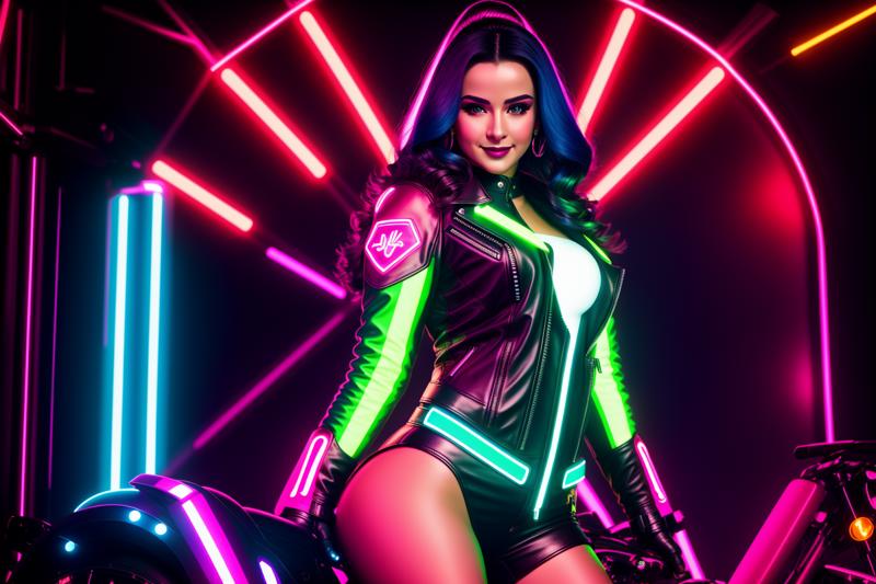 02943-1703018407-Masterpiece, 4K, HQ, , Neon Babe, looking at the viewer, symmetric, centered, smiling, lipstick, full body shot, wearing a leath.png